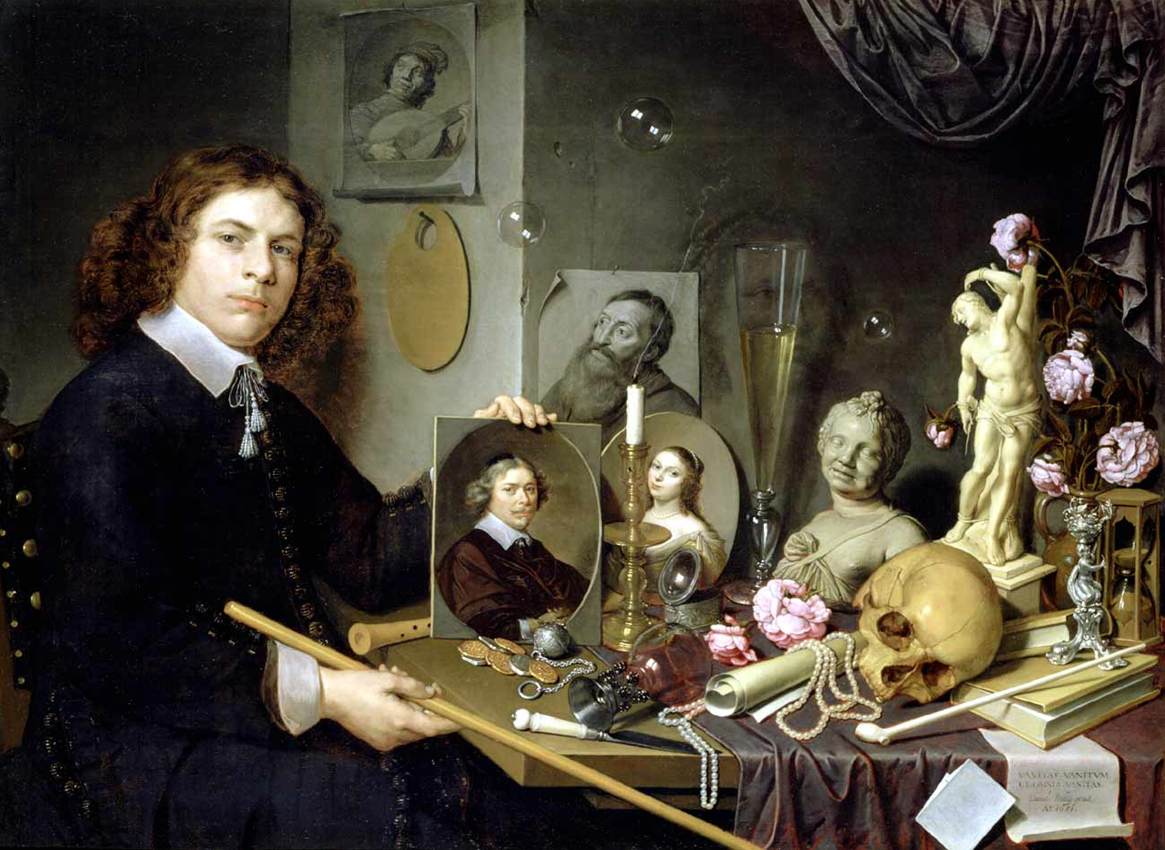 BAILLY, David, Self-Portrait with Vanitas Symbols, 1651,Oil on wood, 65 x 97,5 cm,Stedelijk Museum De Lakenhal, Leiden