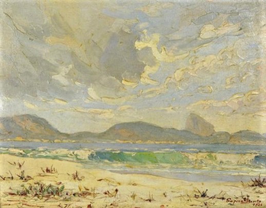Antônio Garcia Bento (1897-1929). Paisagem do Rio de Janeiro, visto do Posto SEIS . Óleo sobre tela colado em papelão. Assinado e datado cid. 1929. 27 x 34,5 cm
