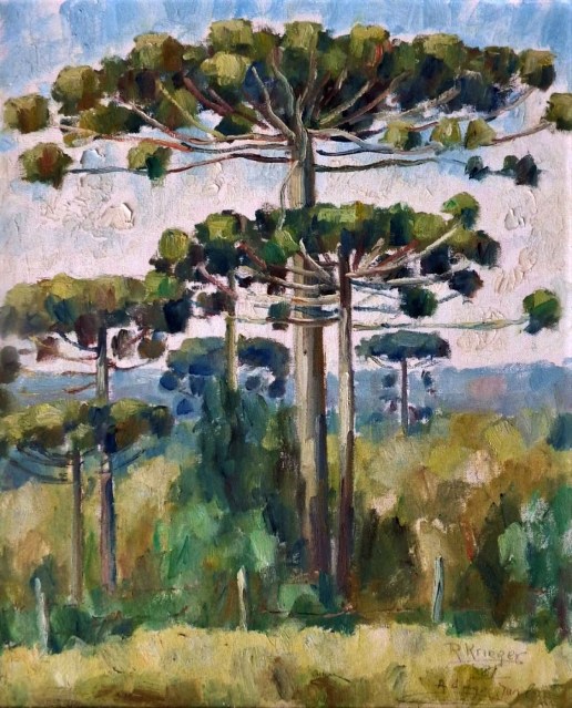 Ricardo Krieger (Brasil contemporâneo) Paisagem com araucárias, ost, 60x50cm, 1981