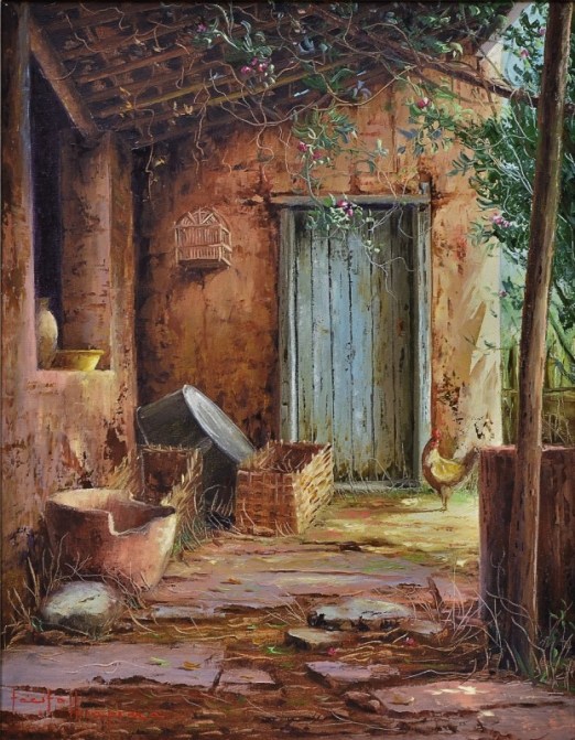 TÁCITO IBIAPINA (1950) - Fundo de Quintal com Galináceo, óleo tela, 50 x 40