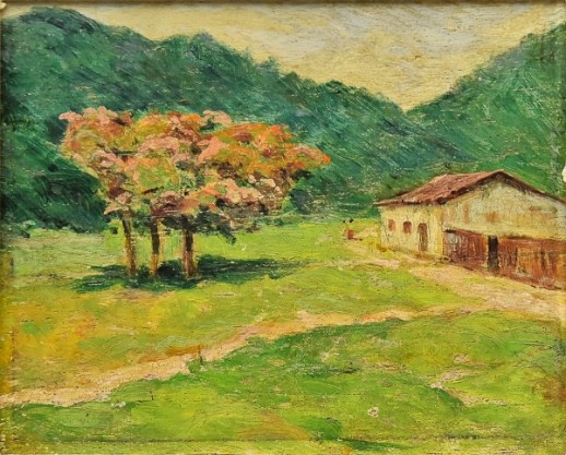 VIRGÍLIO LOPES RODRIGUES (1863-1944). Paisagem com Casinha Rural e Sapucaieira, óleo s madeira, 14 x 16.