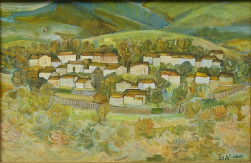 GEZA HELLER (1902-1992). Panorama de Vila de Casas no Interior, óleo seucatex, 42 X 60. Assinado e datado (1966)