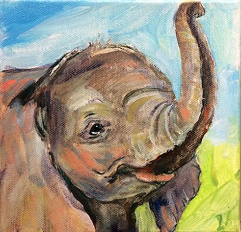 _Demeter_BabyElephant David Drinnon (oil), Baby Elephant by Anne Demeter (acrylic)