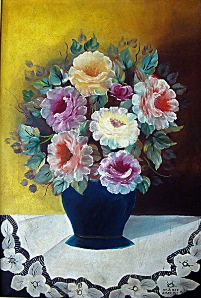 MARIO ZANINI- Vaso de flor, óleo sobre tela, medindo 60cm x 40, assinado e datado em 1958