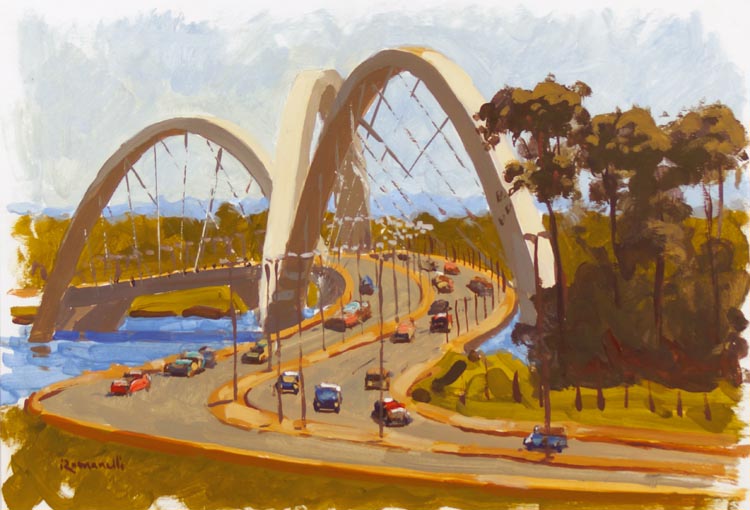 Armando Romanelli, Vista de Brasilia, Ponte JK, Aquarela, 47 x 32 cm