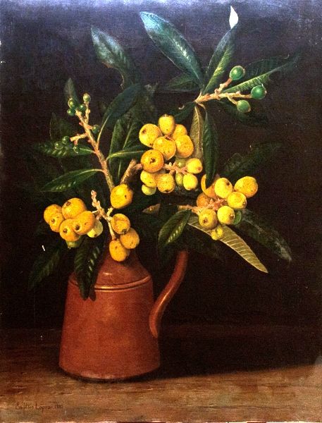 Evilásio Lopes (1917 - 2013 Rio de Janeiro), OST natureza morta, datado de 1985 e localizado Rio, nêsperas medindo 65 cm por 50 cm, sem moldura.