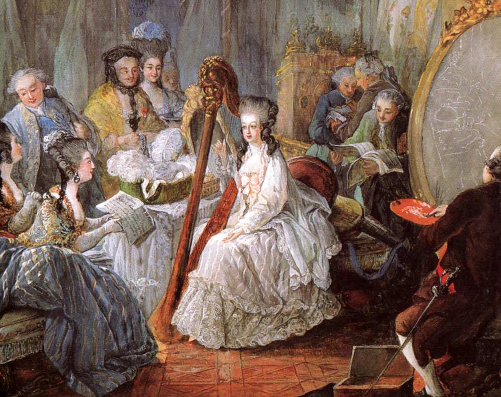 Marie-Antoinette playing the harp at court in this detail from the 1777 painting by Jean-Baptiste-André Gautier d_Agoty.
