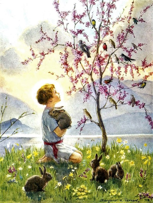 primavera, passarinhos, colehinho, menino, Margaret W Tarrant