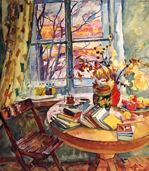 Antipova Eugenia ( Russia, 1917 - 2009 )Livros à janela, 1963, ost, 134 x 120