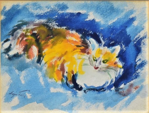 SERGIO TELLES (1936). Mon Chat, aquarela s tela, 60 X 80. Assinado e datado (2001) no c.i.e. e no verso