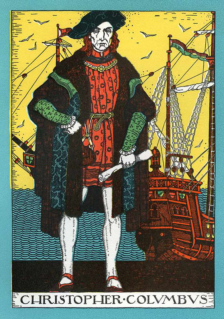 Vintage portrait of Christopher Columbus and the Santa Maria, lithograph, 1930