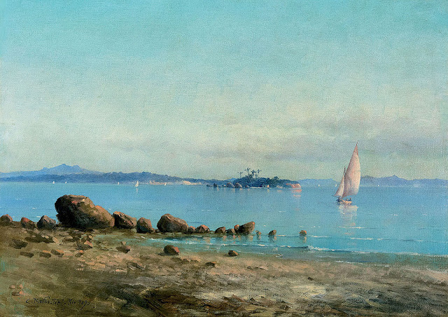 CARLOS BALLIESTER - Praia em Paquetá - Óleo sobre tela - 48,8 x 67,5 - 1907