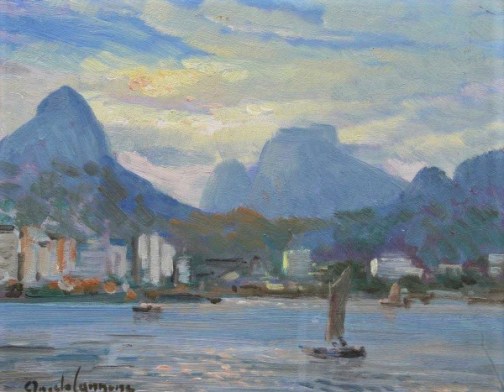angelo cannone - paisagem do rio de janeiro - óleo sobre eucatex - ass. inf. esq. - 20 x 25 cm. com etiqueta n.º 989 do gabinete 144 - são paulo.