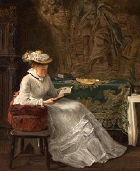 haynes king (british, 1831–1904), young lady seated in an interior reading a book, 1875, oil on canvas, 48 x 38 cm