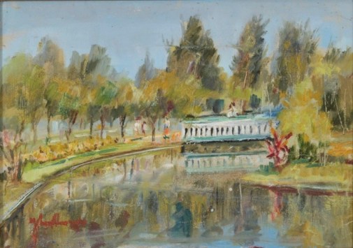 josÉ maria de almeida (1906-1995),lago parque das Águas em são lourenço-mg,ost, 33 x 46. (1987) no verso.