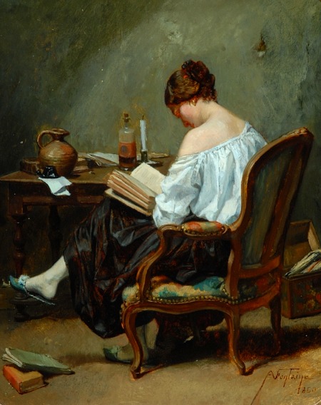 Andre Fontaine ( França, 1802 - 1850) Girl Reading by Candlelight (1850)oil on canvas, Barnard Castle, The Bowes Museum