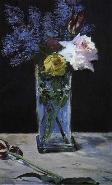 Édouard Manet, Rosas, tulipanes y Lilas en un florero de cristal