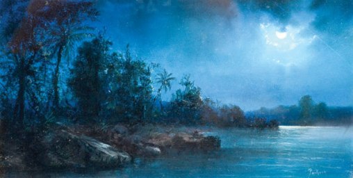 INSLEYPACHECO(1830 - 1912)Paisagem noturna na Baia de Guanabara no séc.xix, guache, 21 x 41