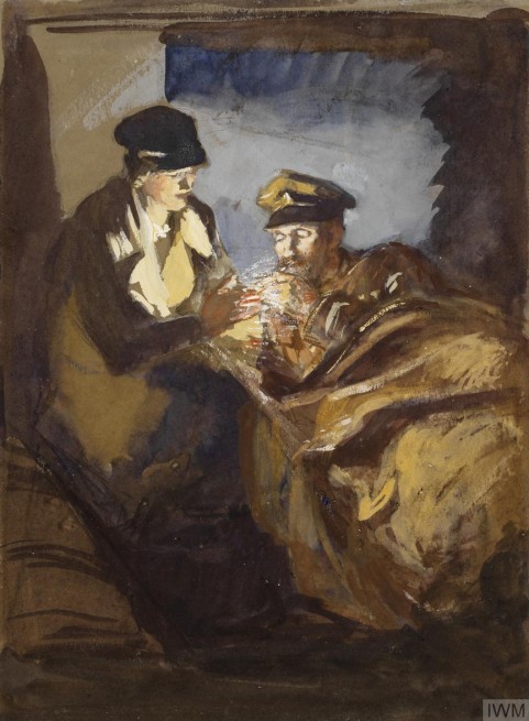 Olive Mudie-Cooke, Numa ambulância, uma enfermeira acendendo cigaroo para paciente, aquarela sobre papel,29 x 21 cm,Imperial War Museum