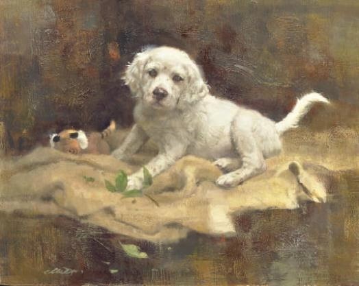 Robert K. Abbett (EUA), The Botanist - English Setter Pup, 1996, oil on masonite, 40 x 50 cm