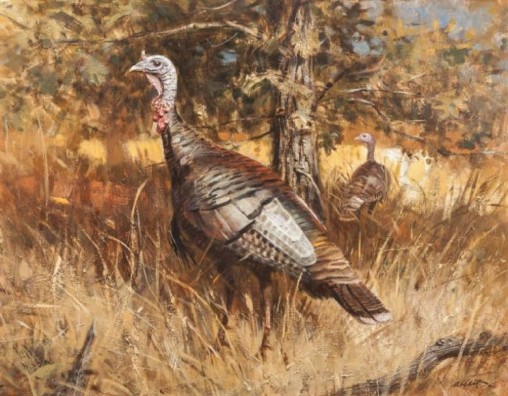 Robert K. Abbett (EUA1926-2015), Timberlake Turkeys, Circa1970 , oil on masonite , 60 x 76 cm
