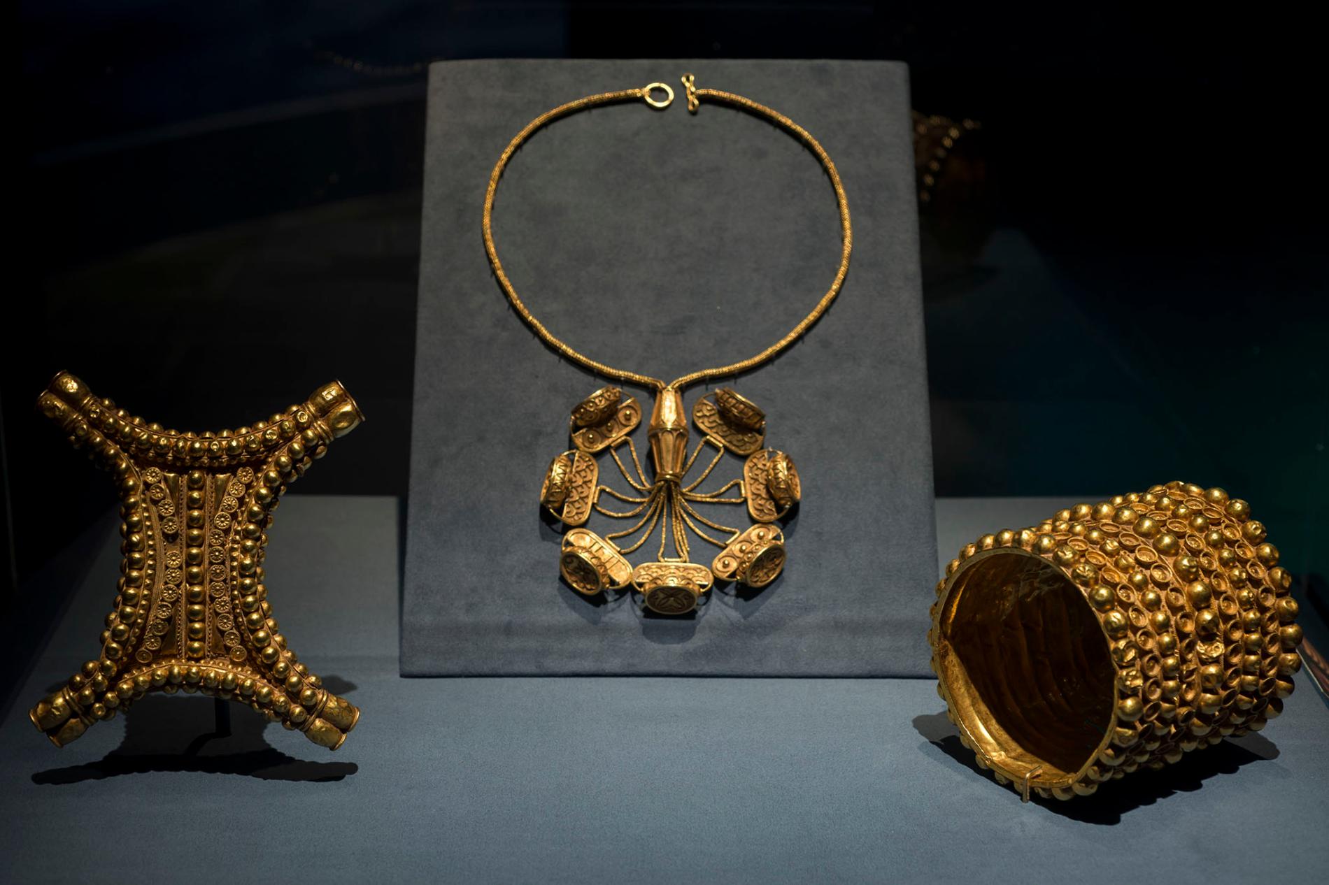 The Carambolo Treasure consists of 21 pieces of gold jewelry discovered by construction workers near Seville, Spain in 1958.