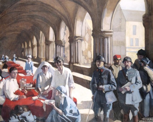 The Scottish Women's Hospital, In The Cloister of the Abbaye at Royaumont, 1920, ost, 114x139 cm, by Norah Neilson-Gray.