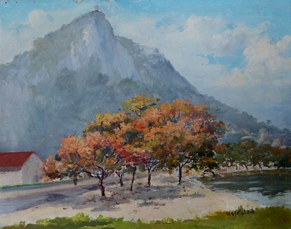VICENTE LEITE-Vista para o Corcovado da Lagoa RF. Rio. Óleo sobre tela, 30 x 48 cm. Assinado no canto inferior direito.