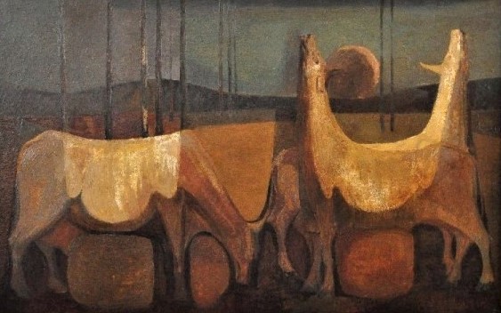 BANDEIRA DE MELLO - Cavalos tempera e óleo sobre aglomerado, 46X72cm. Assinado 1967. Medida da moldura 48X74.5cm.