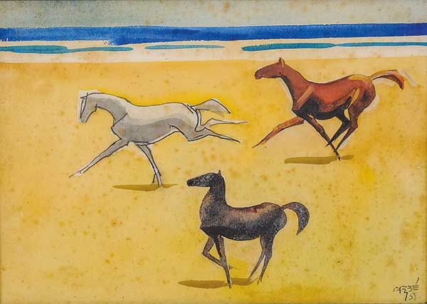 CARYBÉ, HECTOR(ARGENTINA-BRASIL, 1911-1997)Marinha com Cavalos,Têmpera e vinil,1958, 25 x 35 cm