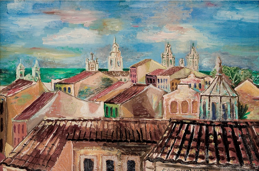 Emiliano Di Cavalcanti, Telhados do Recife, Óleo sobre tela, Assinado inferior direito,38 x 55 cm
