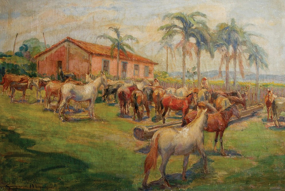 GEORGINA DE ALBUQUERQUE (Taubaté, São Paulo, 1885 - Rio de Janeiro, 1962) Cena Rural com Cavalos. Óleo stela. Ass. cie. 60 x 88 cm.