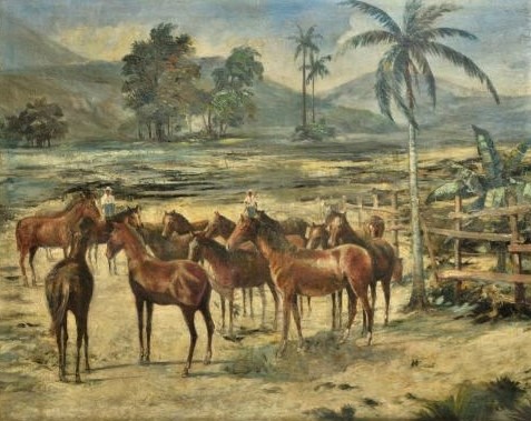 Lucilio de Albuquerque - (1877 - 1939) - Cena do interior com cavalos - OST - Assinado CID - Med. 85 x 107 cm