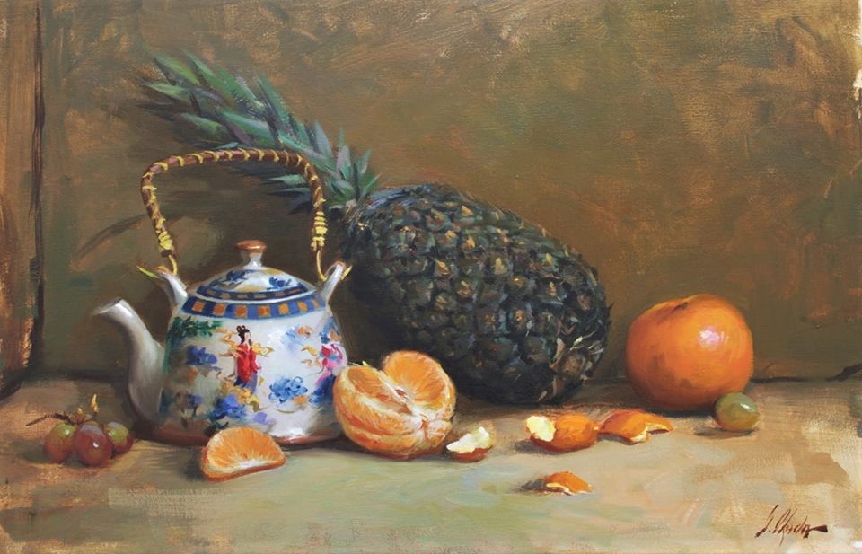 Douglas Okada (Brasil, )Frutas e chaleira oriental- 40x60cm 2018