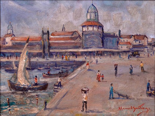 MANOEL SANTIGO (1897 - 1987) - Marinha com Barcos - Praça XV-RJ, pintura a óleo sobre madeira, med. 27 x 24cm, assinado frente e verso.