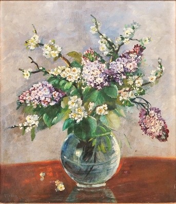 VITTORIO GOBBIS (1894-1968). Vaso com Flores Amor-Perfeito, óleo stela, 68 x 57. Assinado, datado (1952) e localizado (São Paulo)