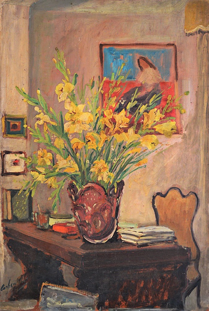 Arlindo Castellani de Carli (Brasil, 1910-1985)- Composição com vaso de flor- óleo sobre placa, medindo 68x46cm, assinado