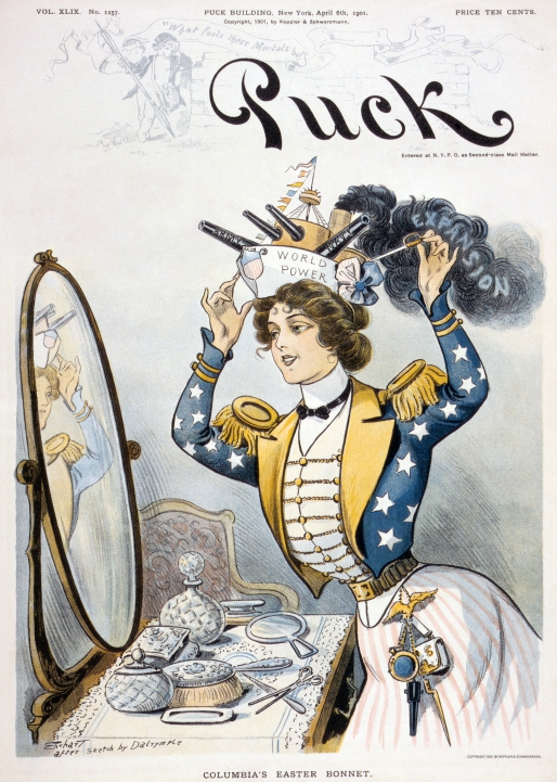 Columbia wearing a warship bearing the words World Power as her Easter bonnet, cover of Puck (April 6, 1901). It was published from 1871 until 1918.jpg