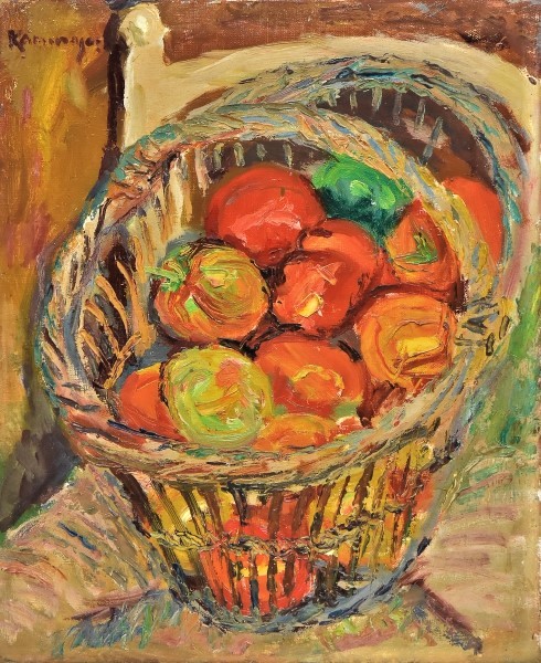 KAMINAGAI,TADASHI (1889-1982). Cesto de Tomate sobre a Cadeira, óleo s tela, 46 X 38.