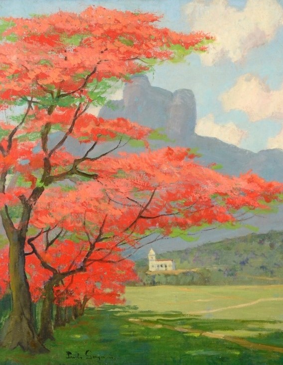PAULO GAGARIN (Príncipe) - Paisagem com Flamboyant óleo sobre tela, 72 x 59 cm. Assinado no canto inferior esquerdo. São Conrado