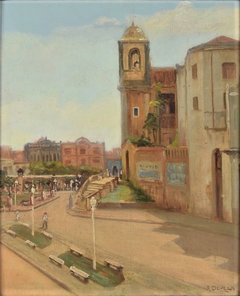 RAUL DEVEZA (1891 - 1952). Cena Urbana na Praça João Lisboa em São Luiz -Maranhão, óleo s tela, 53 x 45. Assinado no c.i.d. e identificado (São Luiz - 1951)