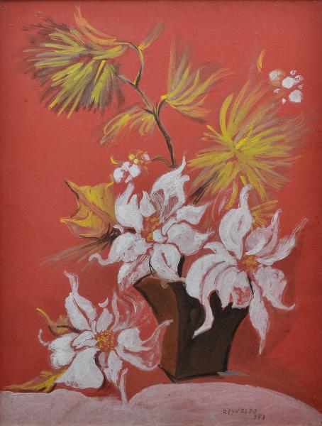 REYNALDO FONSECA (1925) - Natureza Morta,Vaso de Flores, técnica mista, óleo sobre cartão, 63 x 49cm, assinado e datado 1953.