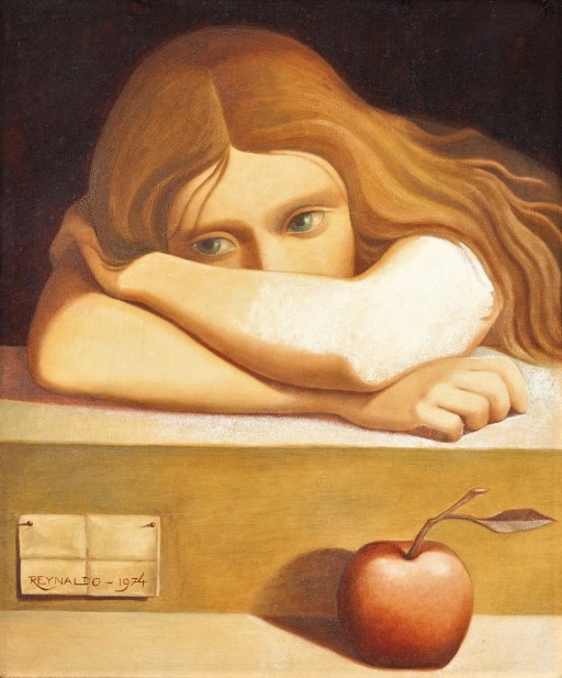 Reynaldo Fonseca (Brasil, 1925) Menina com Maça,1974,75 x 60 cm,óleo sobre tela