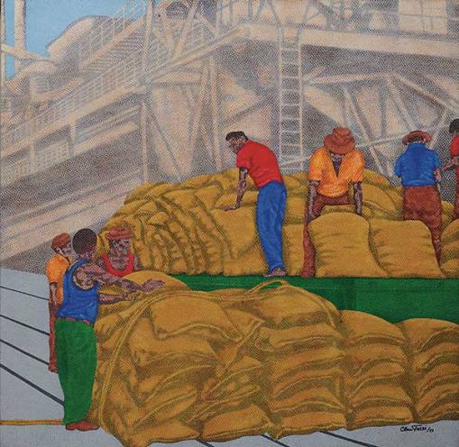 TOZZI, CLAUDIO (1944) Trabalhador Cais Acrílica s tela Ass. e datado 79, cid Ass., titulado e datado 1979, no verso 120 x 120 cm