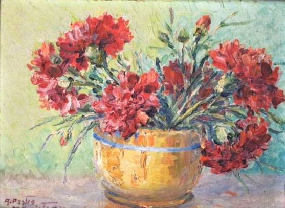 AMELIA PASTRO MARISTANY - Cravos vermelhos - óleo sobre madeira 19 x 26 cm.