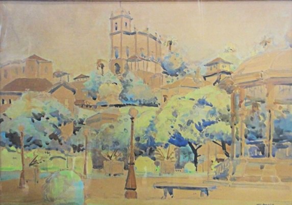 TAKAOKA, YASHIYA (1909-1978). Paisagem da Glória com Mosteiro, aquarela, 31 X 42. Assinado e datado (1938)