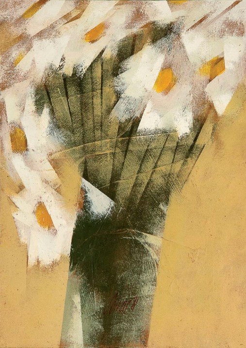 Carlos Scliar,Margaridas, vinil e colagem encerado s tela colada em chapa de madeira industrializada, 1981 ,37 x 26 cm