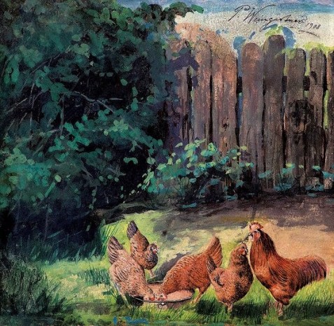 PEDRO WEINGÄRTNER - Galinhas no quintal - Guache sobre papel - 21,5 x 22,5 - 1908