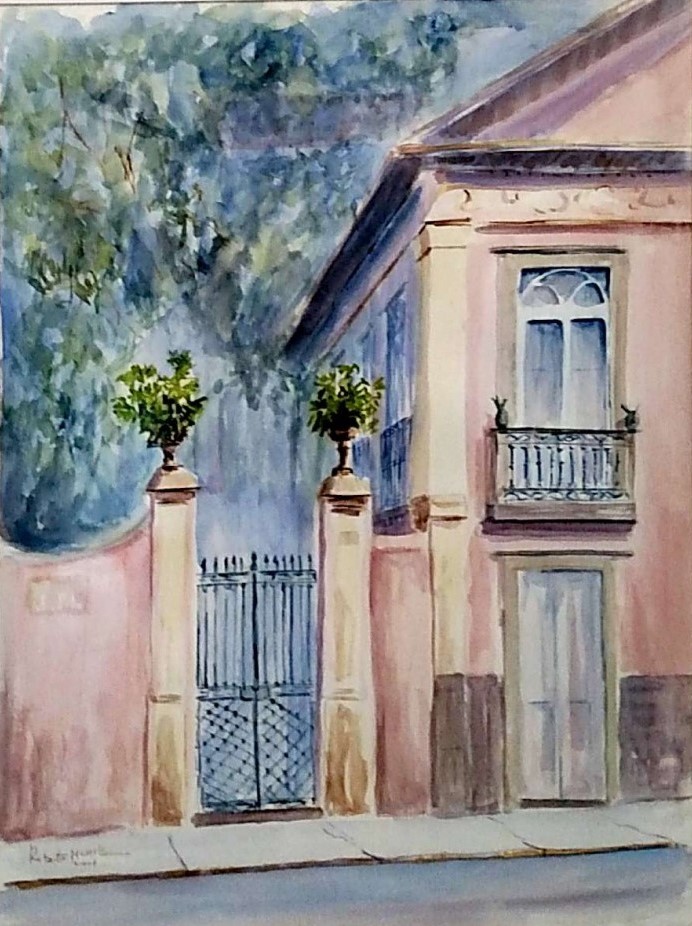 Roberto McMillan, aquarela sobre papel Fachada Solar dos Abacaxis, datado 2007, medindo 64 cm por 49 cm