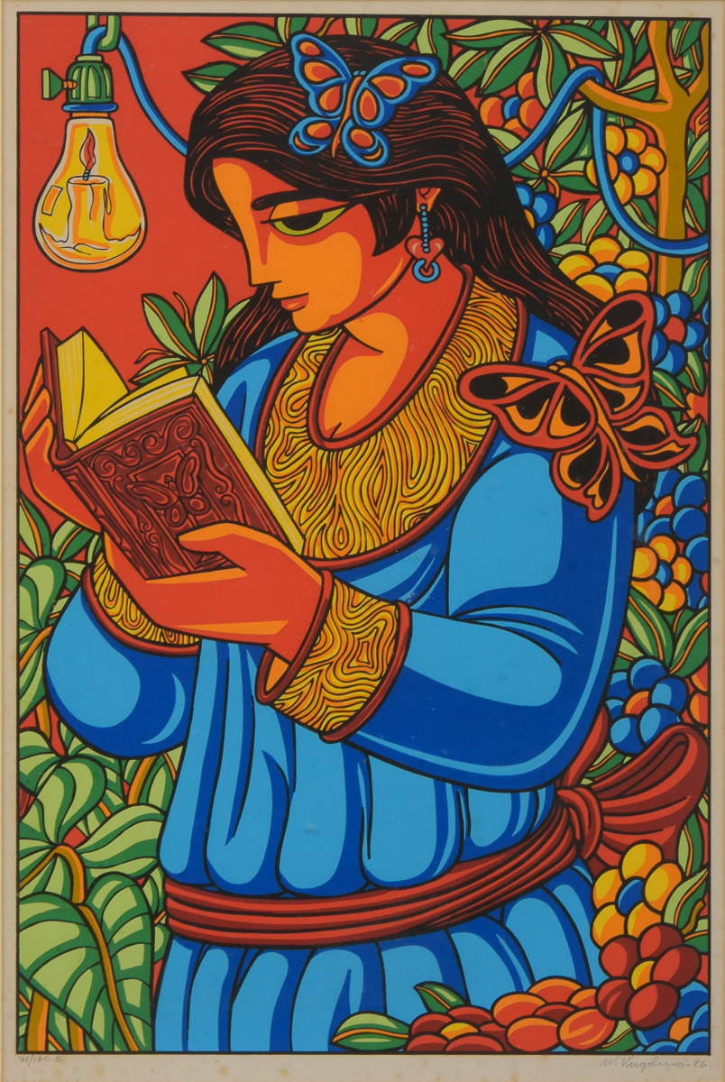 VIRGOLINO, WELLINGTON (1929-1988). Menina com Livro, serigrafia a cores, 63 X 41. Assinado e datado (1986) no c.i.d.